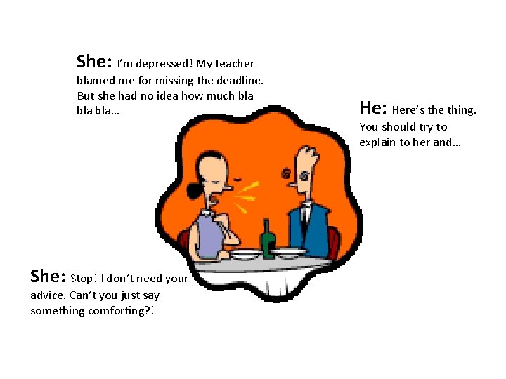 She: I’m depressed! My teacher blamed me for missing the deadline. But she had She: I’m depressed! My teacher blamed me for missing the deadline. But she had