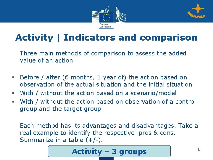 Activity | Indicators and comparison Three main methods of comparison to assess the added