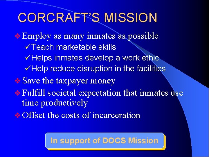 CORCRAFT’S MISSION v Employ as many inmates as possible ü Teach marketable skills ü