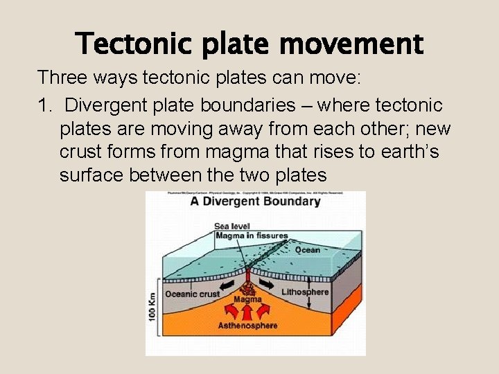 Tectonic plate movement Three ways tectonic plates can move: 1. Divergent plate boundaries –