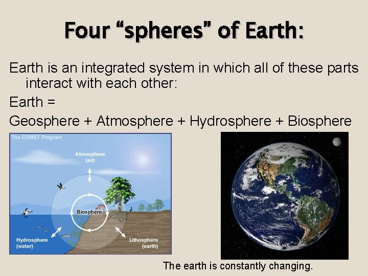 Four “spheres” of Earth: Earth is an integrated system in which all of these