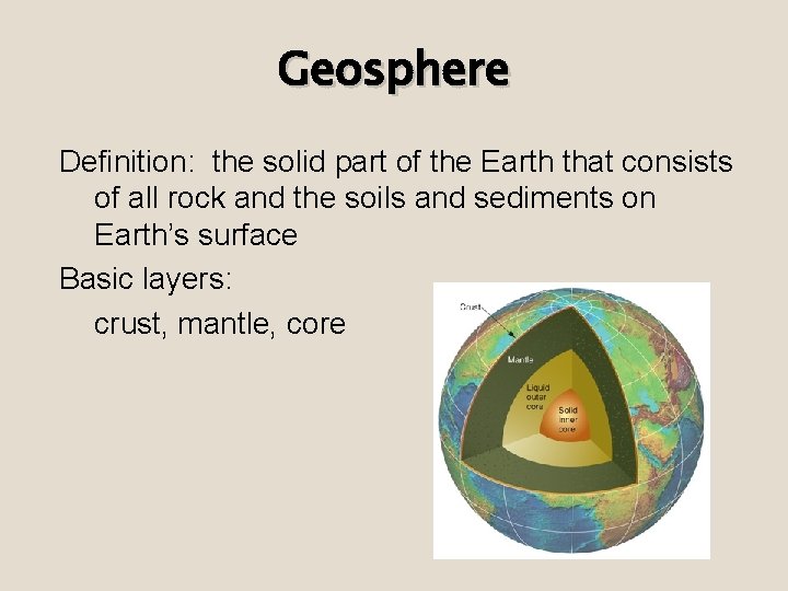 Geosphere Definition: the solid part of the Earth that consists of all rock and