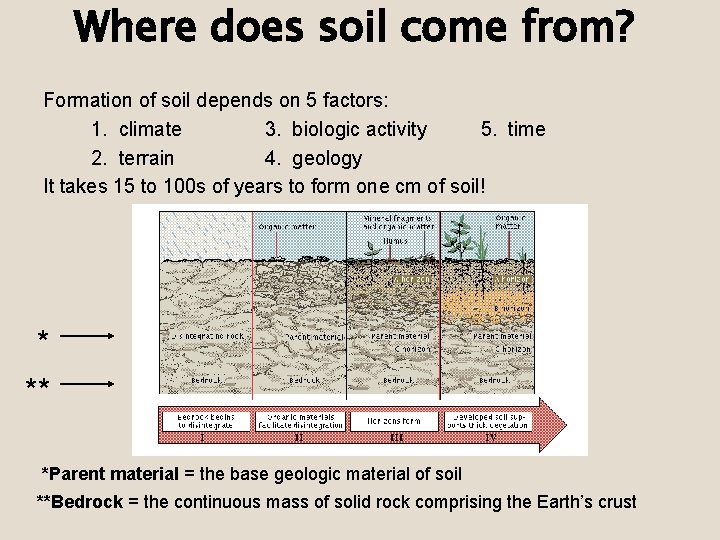 Where does soil come from? Formation of soil depends on 5 factors: 1. climate