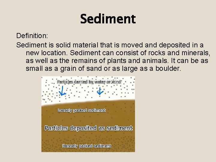 Sediment Definition: Sediment is solid material that is moved and deposited in a new