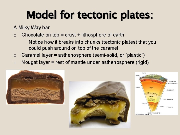 Model for tectonic plates: A Milky Way bar Chocolate on top = crust +