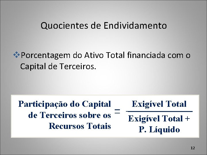 Quocientes de Endividamento v. Porcentagem do Ativo Total financiada com o Capital de Terceiros.