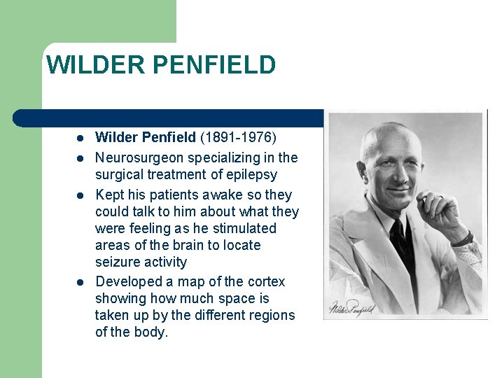 WILDER PENFIELD l l Wilder Penfield (1891 -1976) Neurosurgeon specializing in the surgical treatment