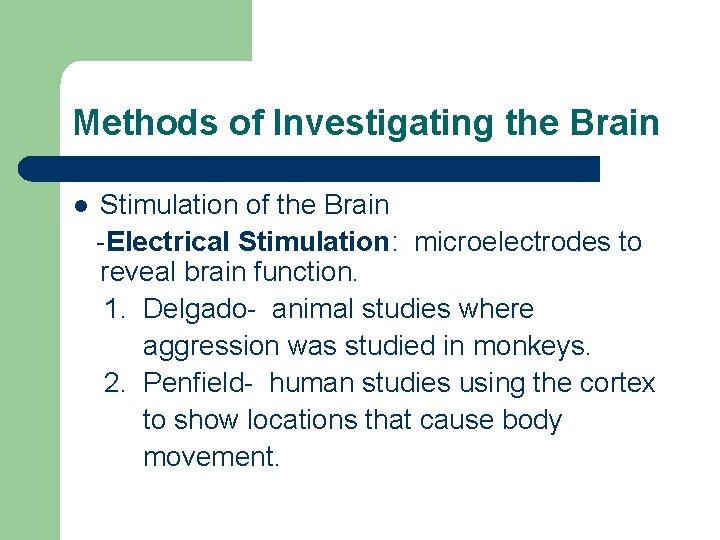 Methods of Investigating the Brain l Stimulation of the Brain -Electrical Stimulation: microelectrodes to