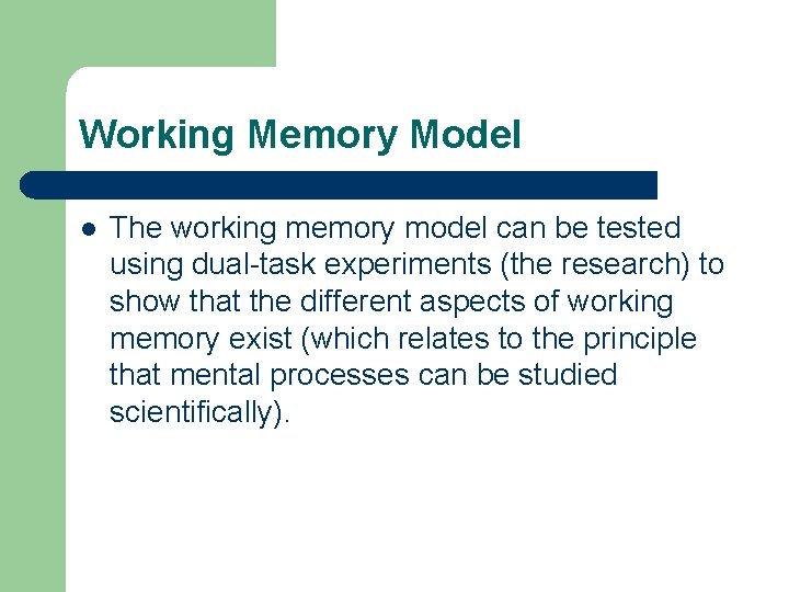 Working Memory Model l The working memory model can be tested using dual-task experiments