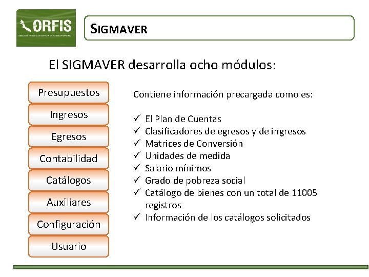 SIGMAVER El SIGMAVER desarrolla ocho módulos: Presupuestos Ingresos Egresos Contabilidad Catálogos Auxiliares Configuración Usuario