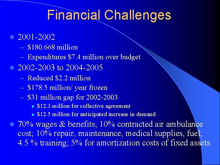 Financial Challenges l 2001 -2002 – $180. 668 million – Expenditures $7. 4 million