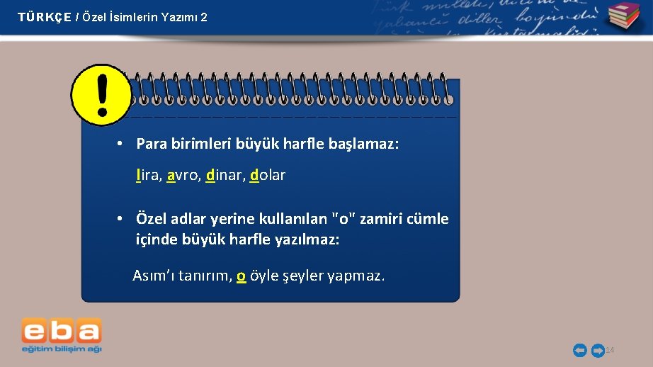 TÜRKÇE / Özel İsimlerin Yazımı 2 • Para birimleri büyük harfle başlamaz: lira, avro,