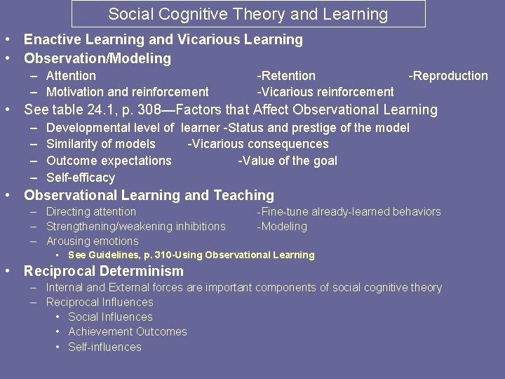 Social Cognitive Theory and Learning • Enactive Learning and Vicarious Learning • Observation/Modeling –