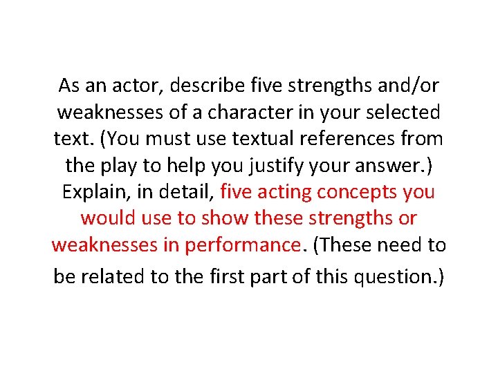 As an actor, describe five strengths and/or weaknesses of a character in your selected