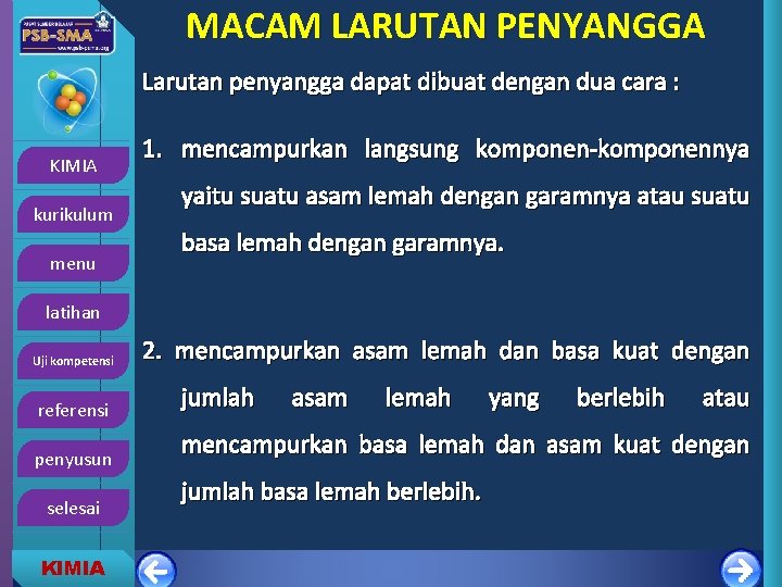 MACAM LARUTAN PENYANGGA Larutan penyangga dapat dibuat dengan dua cara : KIMIA kurikulum menu