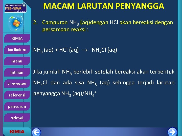 MACAM LARUTAN PENYANGGA 2. Campuran NH 3 (aq)dengan HCl akan bereaksi dengan persamaan reaksi