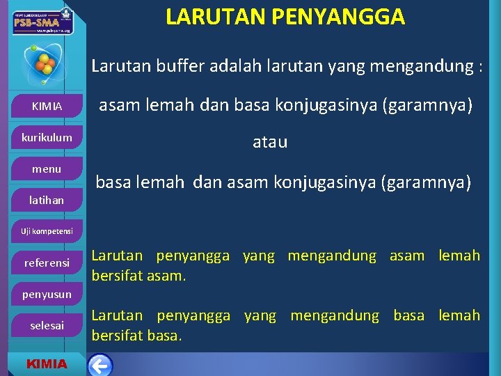 LARUTAN PENYANGGA Larutan buffer adalah larutan yang mengandung : KIMIA kurikulum menu latihan asam