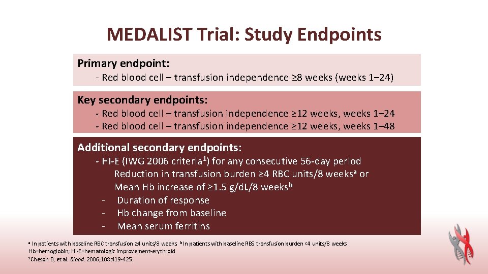 MEDALIST Trial: Study Endpoints Primary endpoint: - Red blood cell – transfusion independence ≥