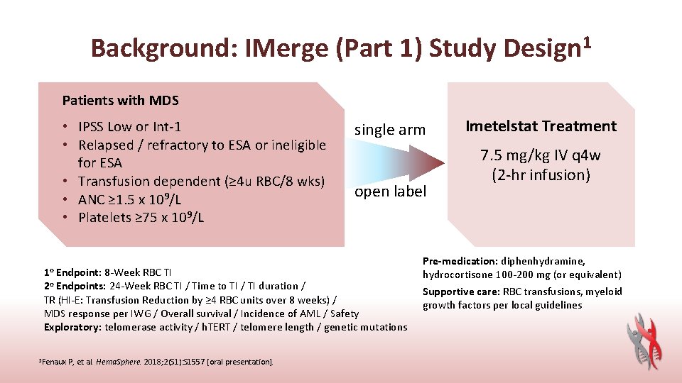 Background: IMerge (Part 1) Study Design 1 Patients with MDS • IPSS Low or