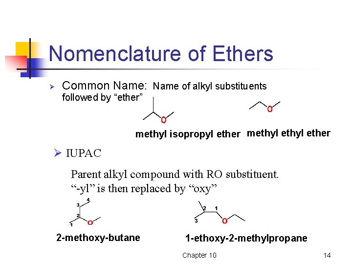 Nomenclature of Ethers Ø Common Name: Name of alkyl substituents followed by “ether” methyl
