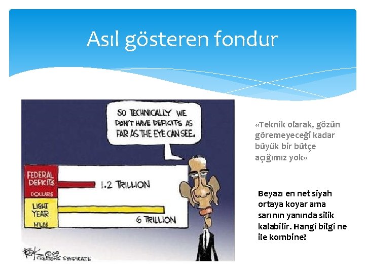 Asıl gösteren fondur «Teknik olarak, gözün göremeyeceği kadar büyük bir bütçe açığımız yok» Beyazı