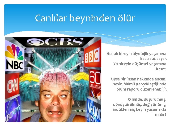 Canlılar beyninden ölür Hukuk bireyin biyolojik yaşamına kastı suç sayar. Ya bireyin düşünsel yaşamına