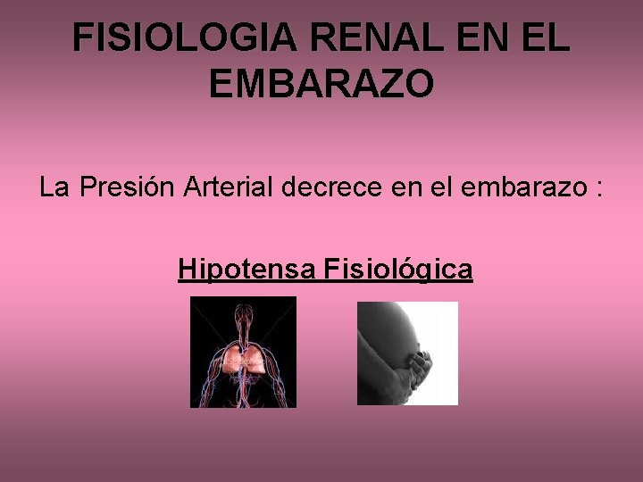 FISIOLOGIA RENAL EN EL EMBARAZO La Presión Arterial decrece en el embarazo : Hipotensa