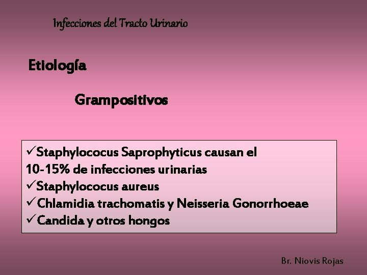 Infecciones del Tracto Urinario Etiología Grampositivos üStaphylococus Saprophyticus causan el 10 -15% de infecciones