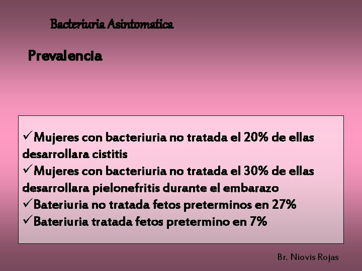Bacteriuria Asintomatica Prevalencia üMujeres con bacteriuria no tratada el 20% de ellas desarrollara cistitis