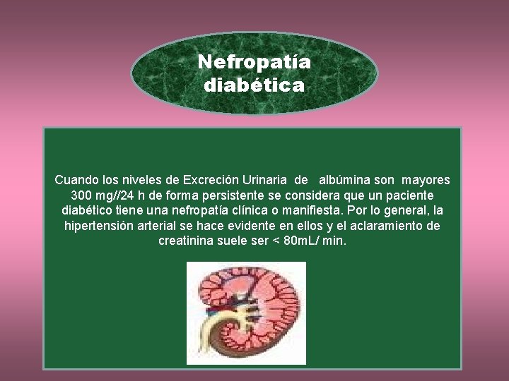 Nefropatía diabética Cuando los niveles de Excreción Urinaria de albúmina son mayores 300 mg//24