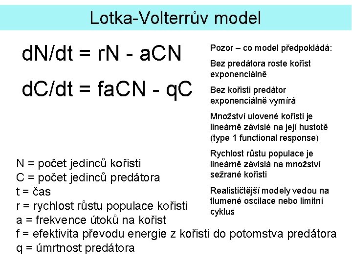 Lotka-Volterrův model d. N/dt = r. N - a. CN d. C/dt = fa.