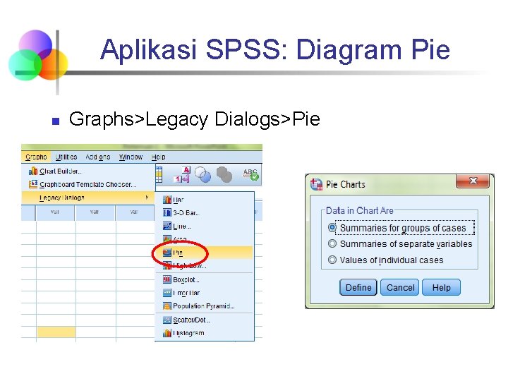Aplikasi SPSS: Diagram Pie n Graphs>Legacy Dialogs>Pie Aplikasi SPSS: Diagram Pie n Graphs>Legacy Dialogs>Pie