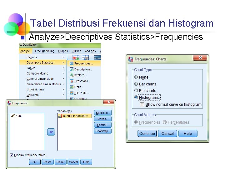 Tabel Distribusi Frekuensi dan Histogram n Analyze>Descriptives Statistics>Frequencies Tabel Distribusi Frekuensi dan Histogram n Analyze>Descriptives Statistics>Frequencies