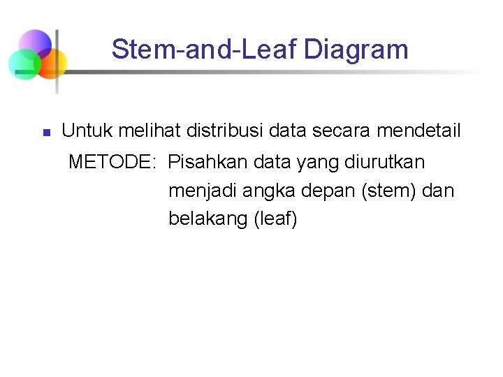 Stem-and-Leaf Diagram n Untuk melihat distribusi data secara mendetail METODE: Pisahkan data yang diurutkan Stem-and-Leaf Diagram n Untuk melihat distribusi data secara mendetail METODE: Pisahkan data yang diurutkan