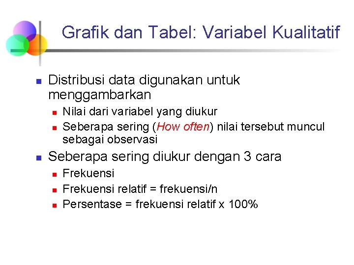 Grafik dan Tabel: Variabel Kualitatif n Distribusi data digunakan untuk menggambarkan n Nilai dari Grafik dan Tabel: Variabel Kualitatif n Distribusi data digunakan untuk menggambarkan n Nilai dari