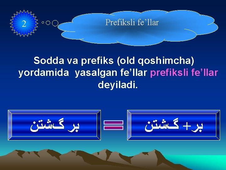 Prefiksli fe’llar 2 Sodda va prefiks (old qoshimcha) yordamida yasalgan fe’llar prefiksli fe’llar deyiladi.
