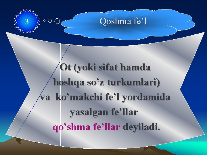 3 Qoshma fe’l Ot (yoki sifat hamda boshqa so’z turkumlari) va ko’makchi fe’l yordamida