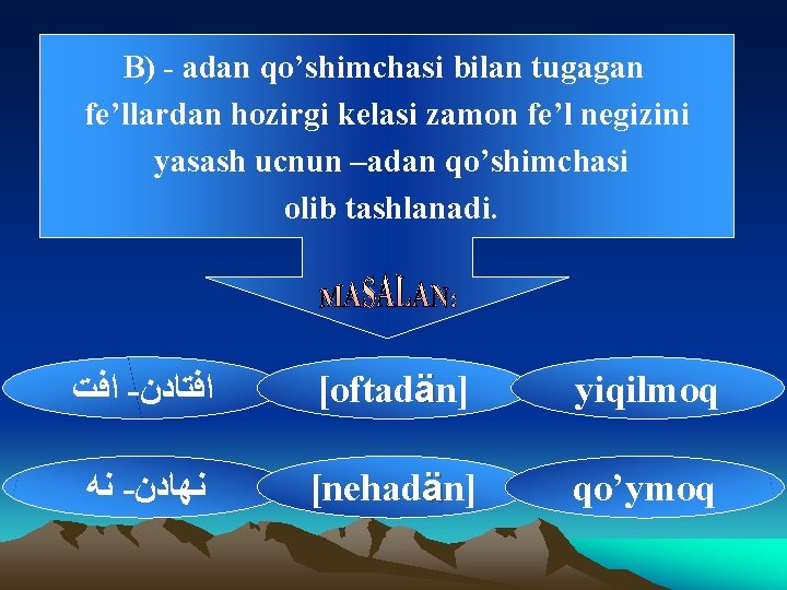 B) - adan qo’shimchasi bilan tugagan fe’llardan hozirgi kelasi zamon fe’l negizini yasash ucnun