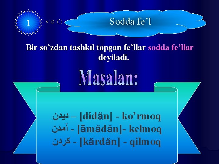 1 Sodda fe’l Bir so’zdan tashkil topgan fe’llar sodda fe’llar deyiladi. [ – ﺩﻳﺪﻥ