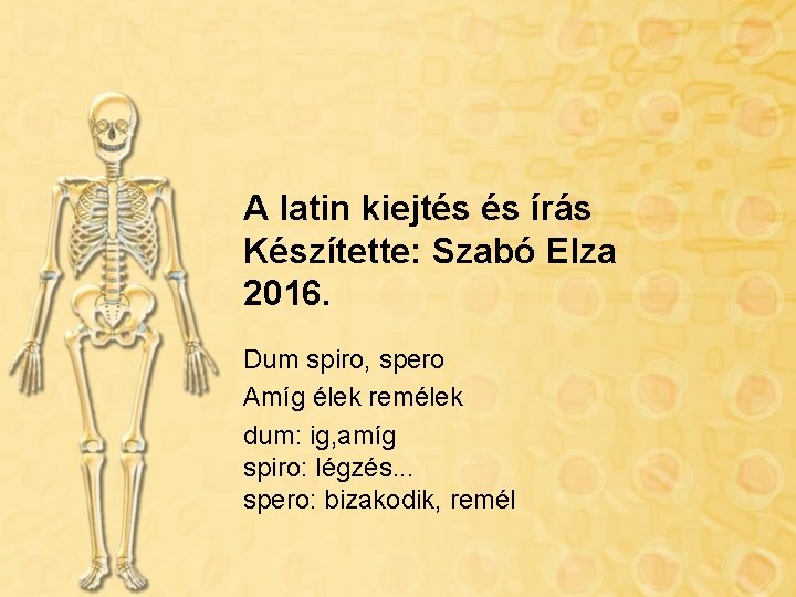 A latin kiejtés és írás Készítette: Szabó Elza 2016. Dum spiro, spero Amíg élek