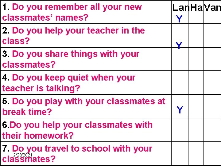 . . . 1. Do you remember all your new Lan. Ha. Van classmates’
