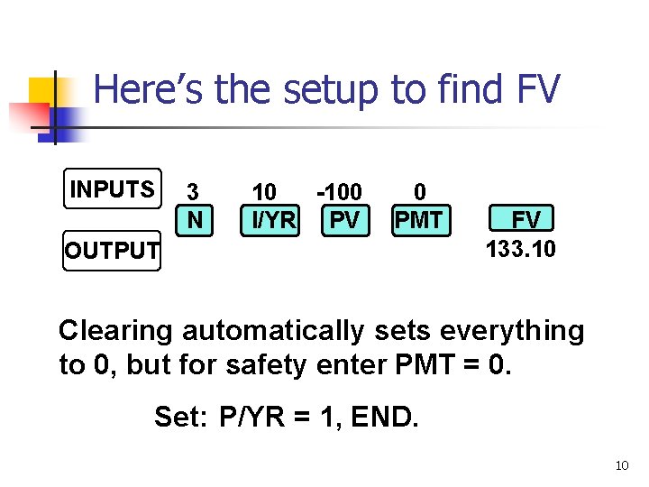 Here’s the setup to find FV INPUTS 3 N 10 -100 I/YR PV 0