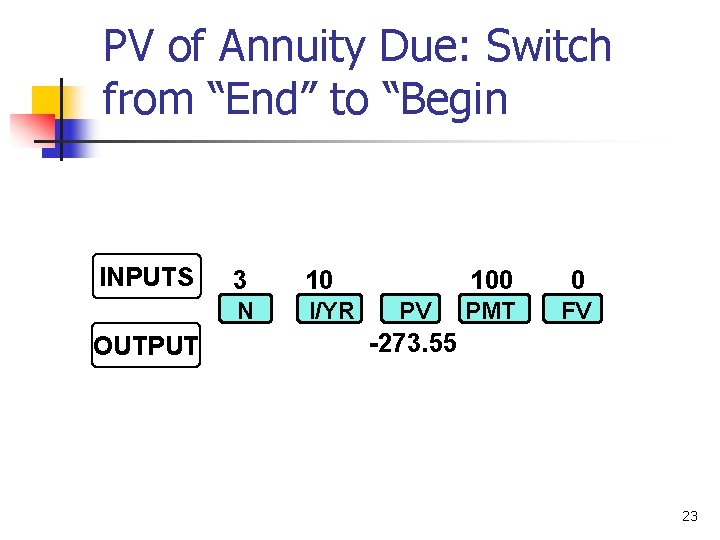 PV of Annuity Due: Switch from “End” to “Begin INPUTS OUTPUT 3 10 N