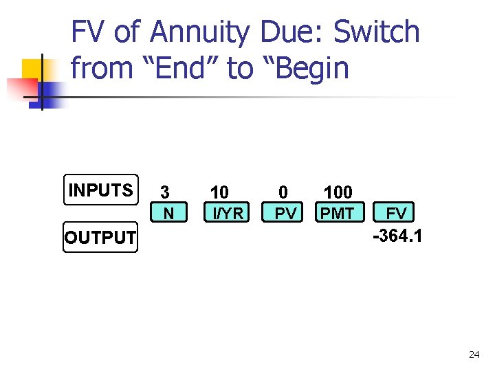 FV of Annuity Due: Switch from “End” to “Begin INPUTS OUTPUT 3 10 0