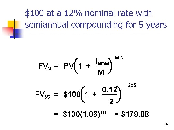 $100 at a 12% nominal rate with semiannual compounding for 5 years INOM FVN