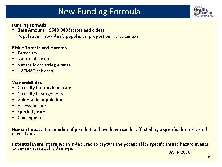 New Funding Formula • Base Amount – $500, 000 (states and cities) • Population