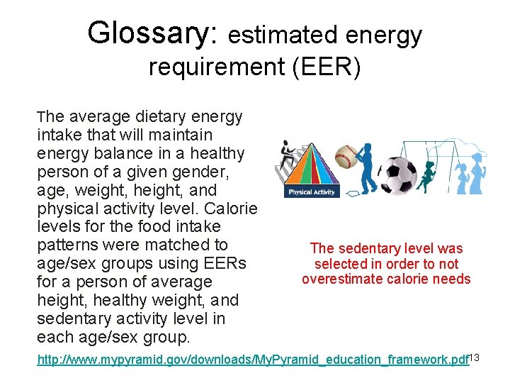 Glossary: estimated energy requirement (EER) The average dietary energy intake that will maintain energy