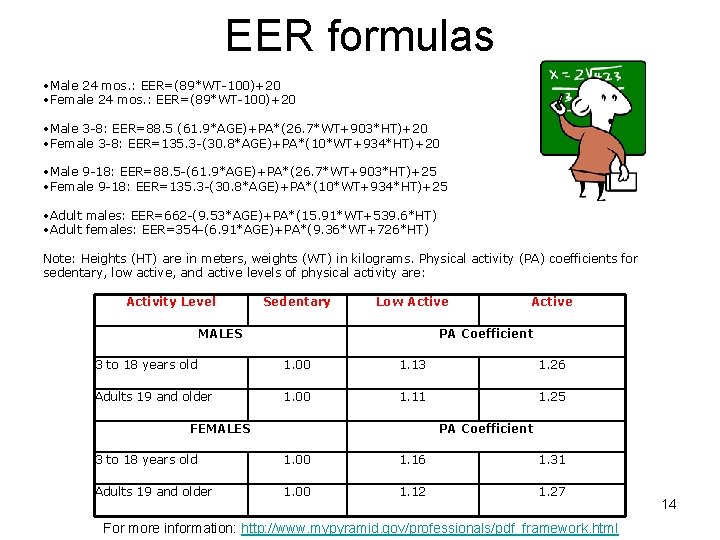 EER formulas • Male 24 mos. : EER=(89*WT-100)+20 • Female 24 mos. : EER=(89*WT-100)+20