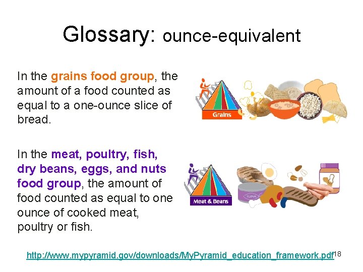 Glossary: ounce-equivalent In the grains food group, the amount of a food counted as