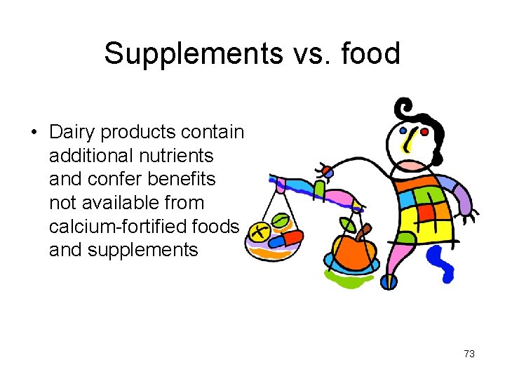 Supplements vs. food • Dairy products contain additional nutrients and confer benefits not available